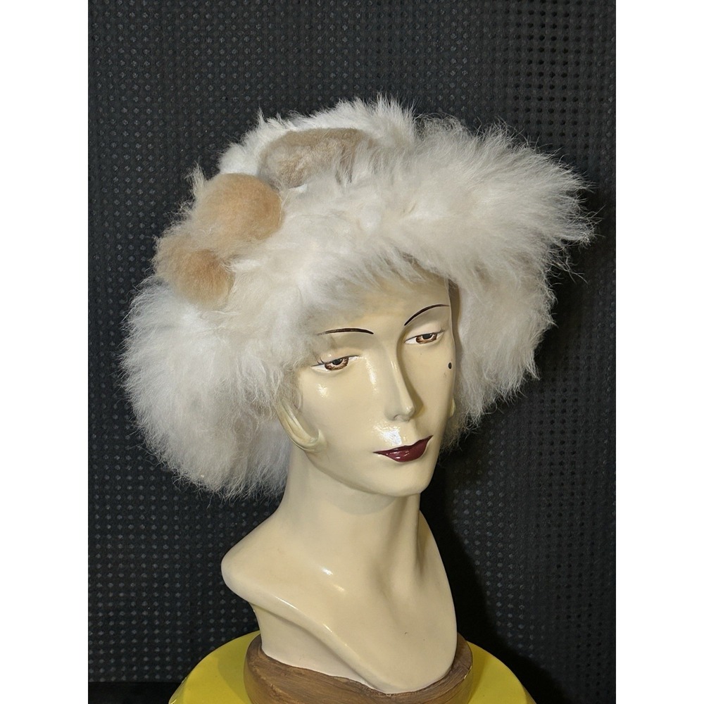 Vintage 60s 70s Fluffy White Faux Fur Real Fur Brim Lined Pom Poms Bucket Hat